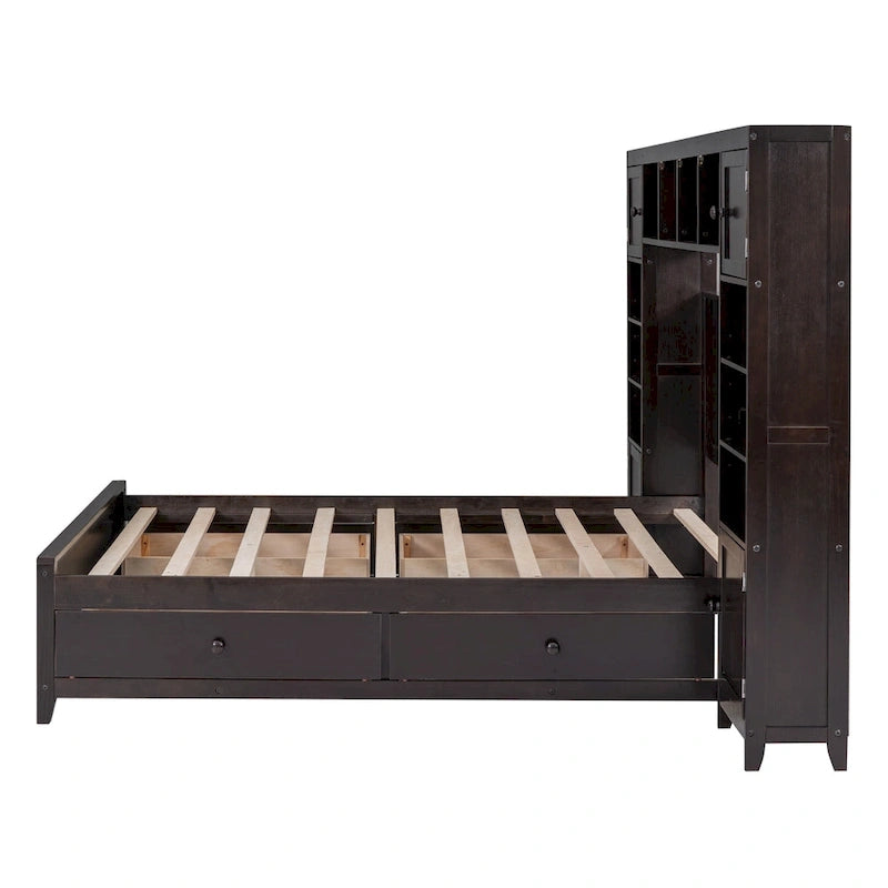Lit double en bois avec armoire et étagère intégrées, expresso