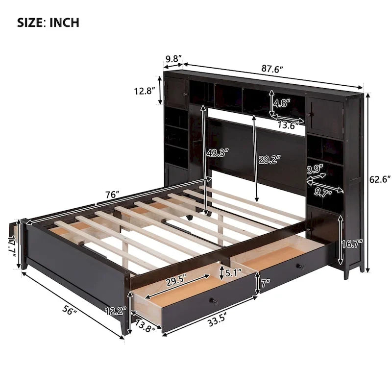 Lit double en bois avec armoire et étagère intégrées, expresso
