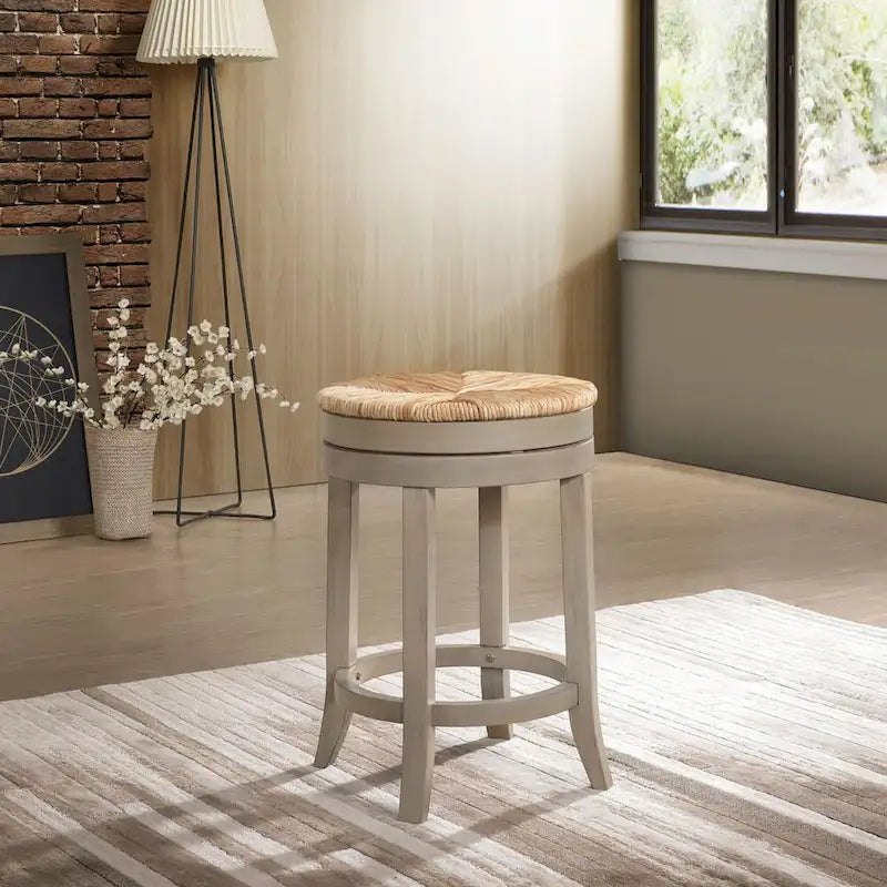 Tabouret de comptoir 24 po gris et beige avec assise pivotante en jonc