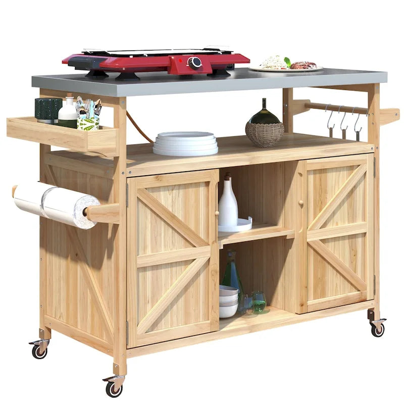 Îlot de cuisine extérieure avec chariot roulant et plateau en acier inoxydable
