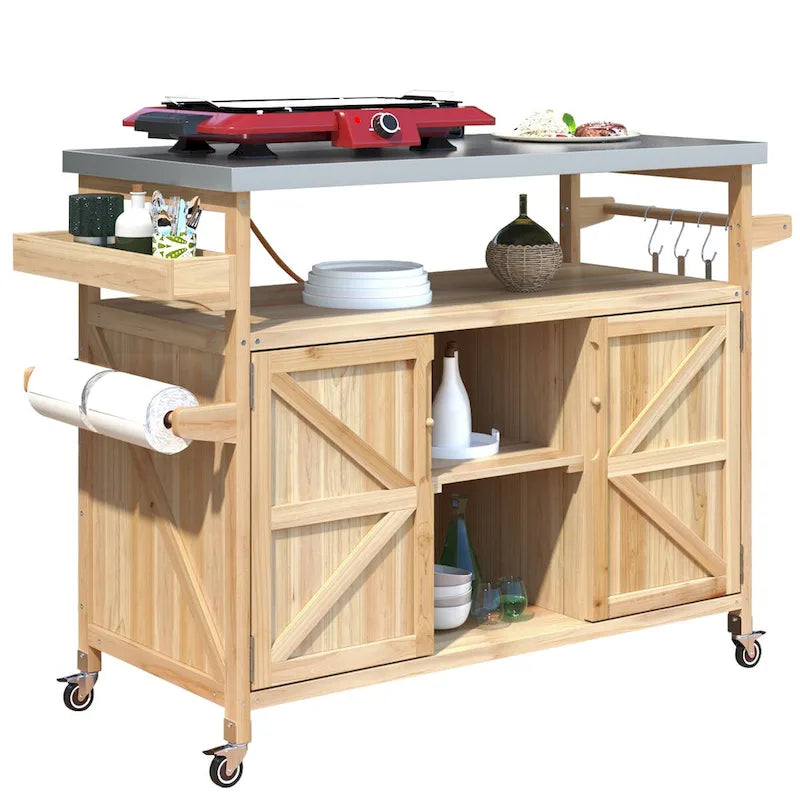 Îlot de cuisine extérieure avec chariot roulant et plateau en acier inoxydable