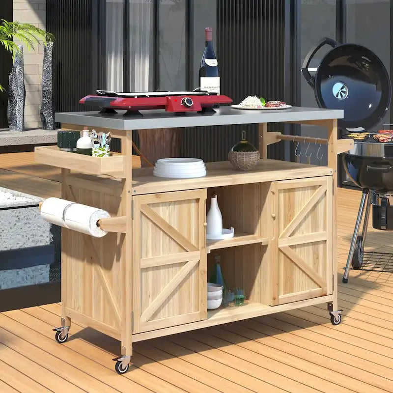 Îlot de cuisine extérieure avec chariot roulant et plateau en acier inoxydable
