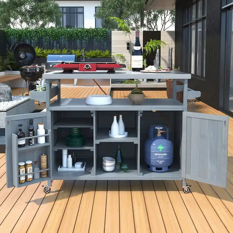 Îlot de cuisine extérieure avec chariot roulant et plateau en acier inoxydable