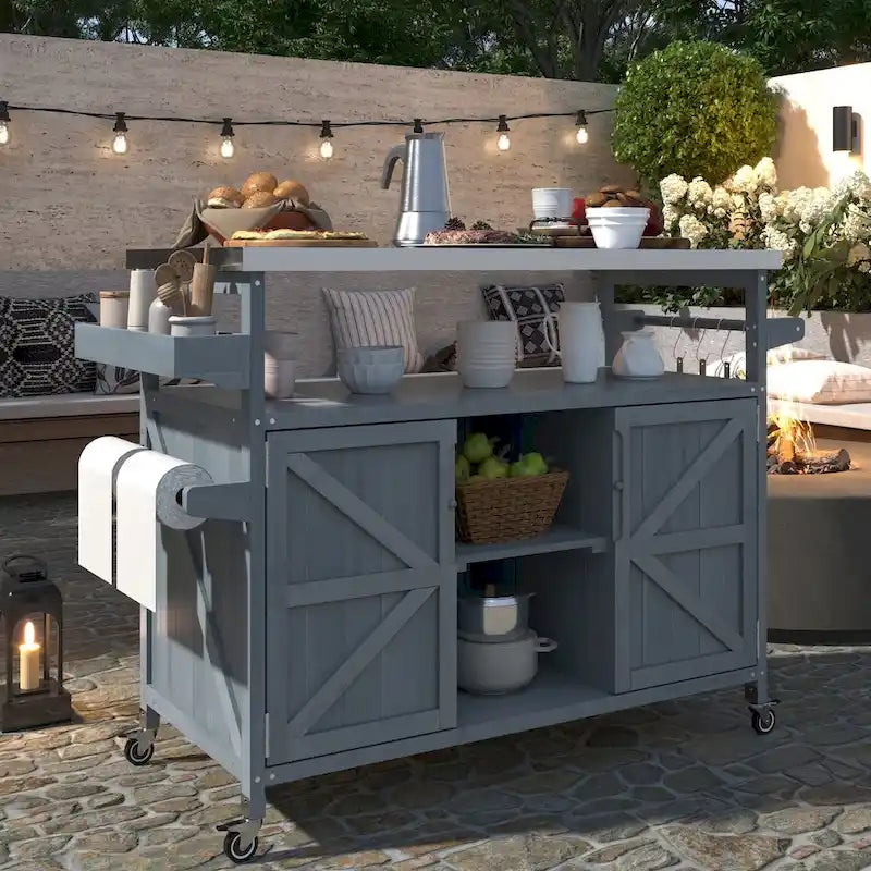 Îlot de cuisine extérieure avec chariot roulant et plateau en acier inoxydable