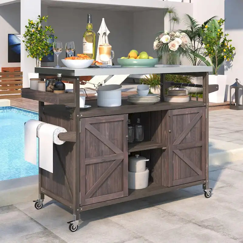 Îlot de cuisine extérieure avec chariot roulant et plateau en acier inoxydable