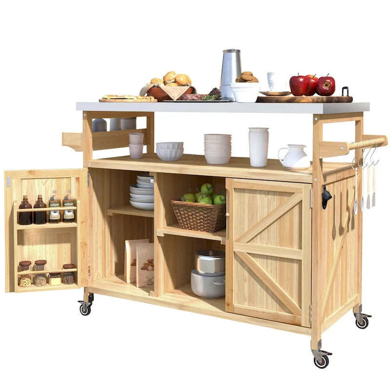 Îlot de cuisine extérieure avec chariot roulant et plateau en acier inoxydable