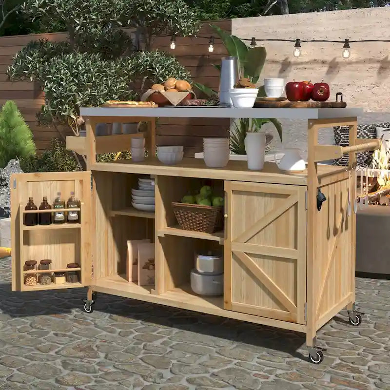 Îlot de cuisine extérieure avec chariot roulant et plateau en acier inoxydable