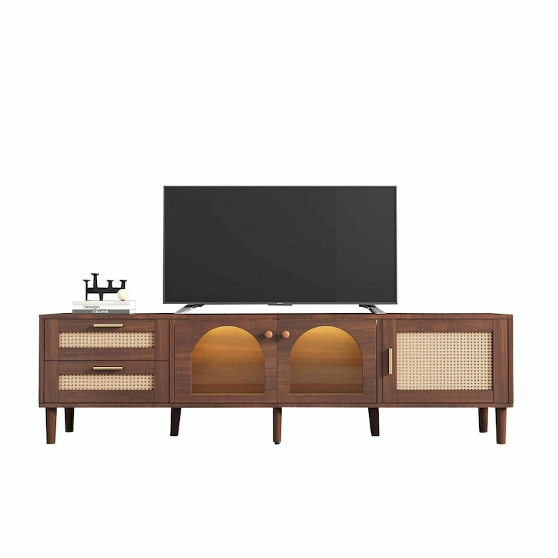 Meuble TV d'inspiration rotin avec grand espace de rangement et montage facile