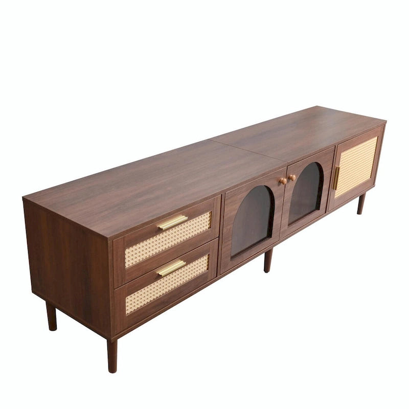 Meuble TV d'inspiration rotin avec grand espace de rangement et montage facile