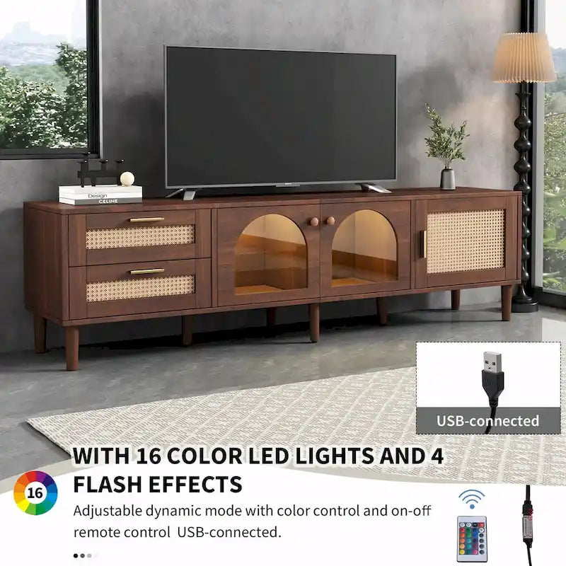 Meuble TV d'inspiration rotin avec grand espace de rangement et montage facile