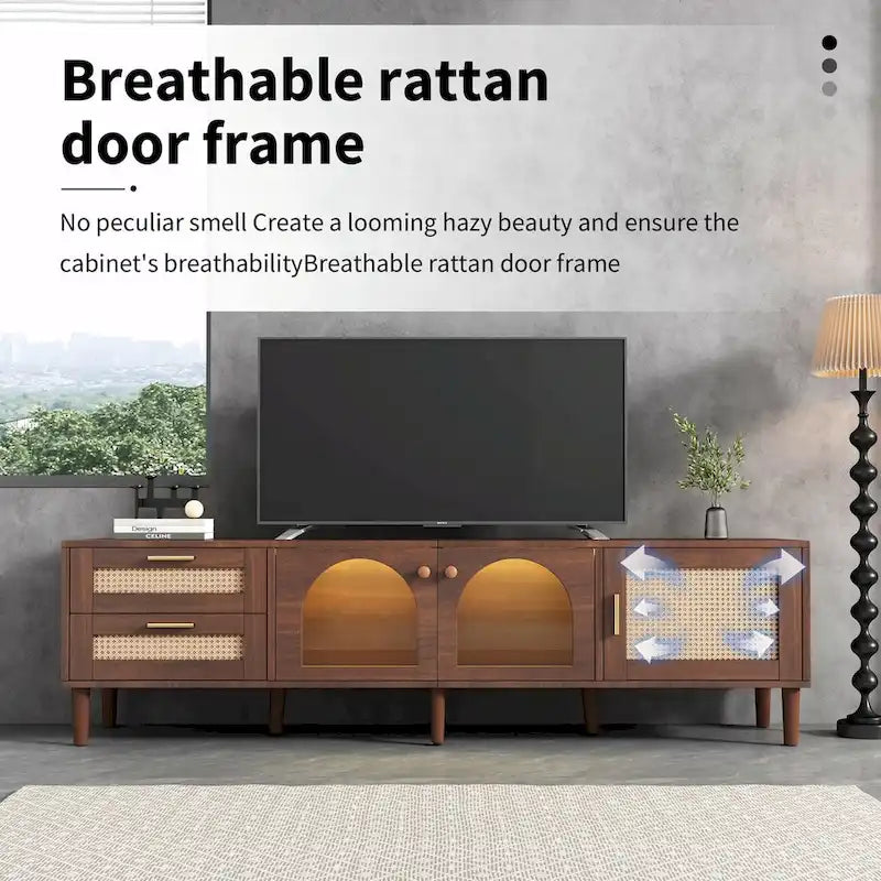Meuble TV d'inspiration rotin avec grand espace de rangement et montage facile