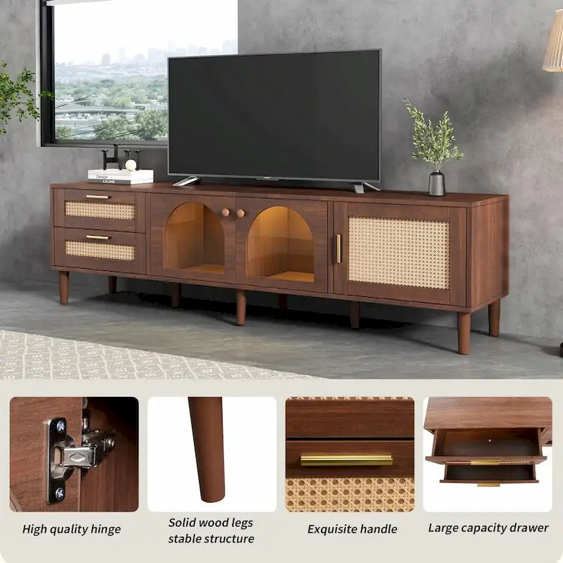 Meuble TV d'inspiration rotin avec grand espace de rangement et montage facile