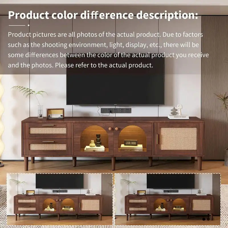 Meuble TV d'inspiration rotin avec grand espace de rangement et montage facile