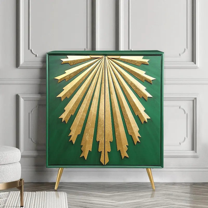 Buffet de salle à manger en bois massif, style glamour Mid-Century Modern, 2 portes, motif soleil, meuble de rangement