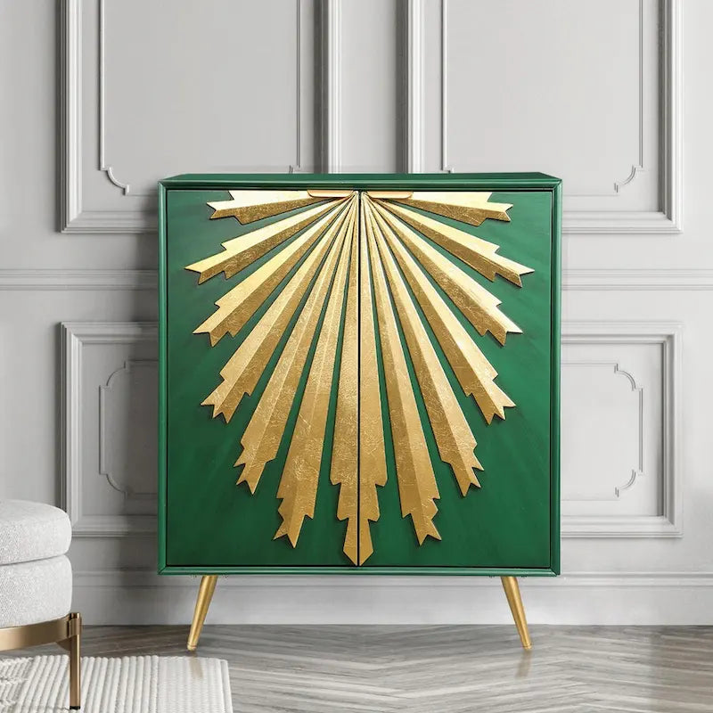 Buffet de salle à manger en bois massif, style glamour Mid-Century Modern, 2 portes, motif soleil, meuble de rangement