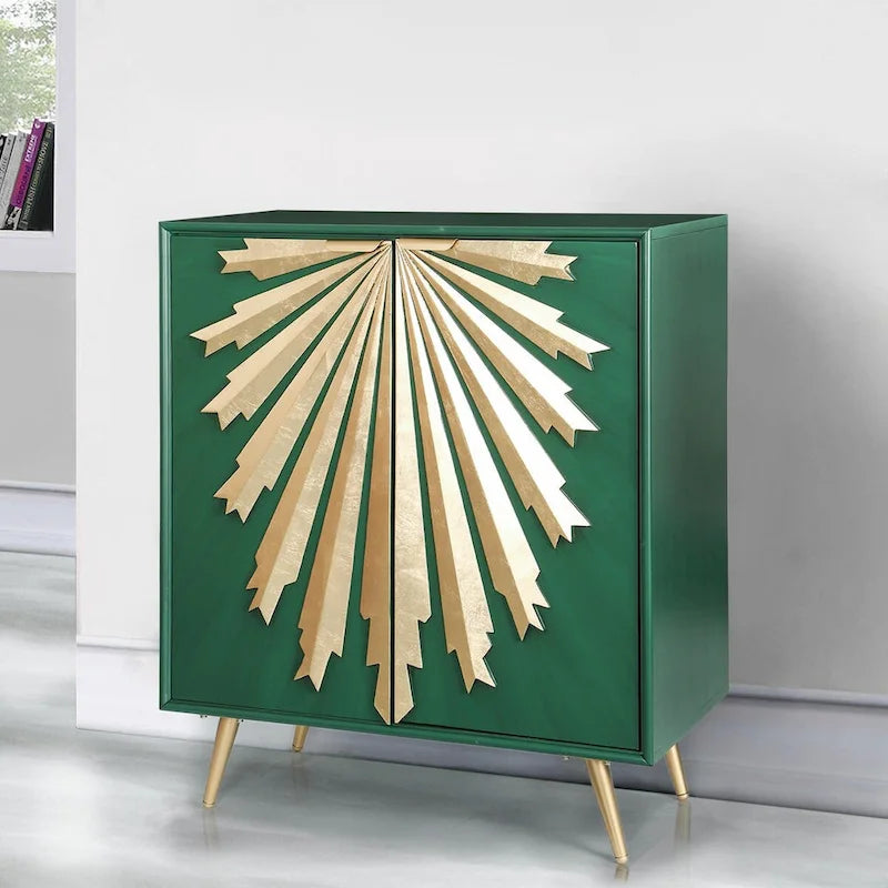 Buffet de salle à manger en bois massif, style glamour Mid-Century Modern, 2 portes, motif soleil, meuble de rangement