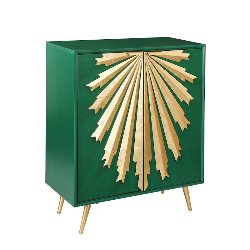 Buffet de salle à manger en bois massif, style glamour Mid-Century Modern, 2 portes, motif soleil, meuble de rangement
