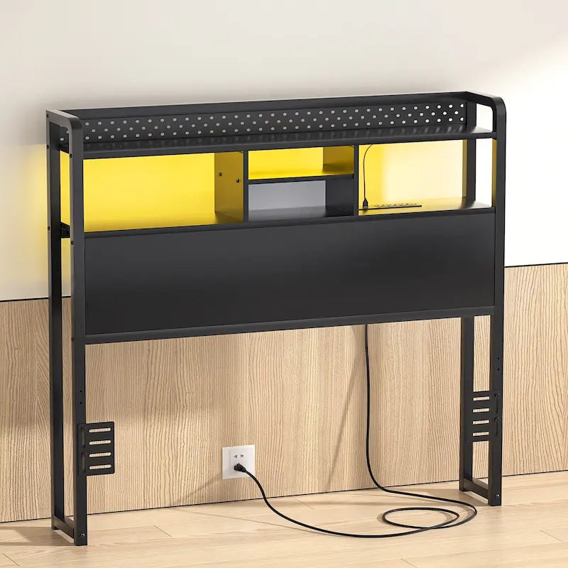 Tête de lit avec étagère de rangement et station de recharge, tête de lit réglable en hauteur avec éclairage LED
