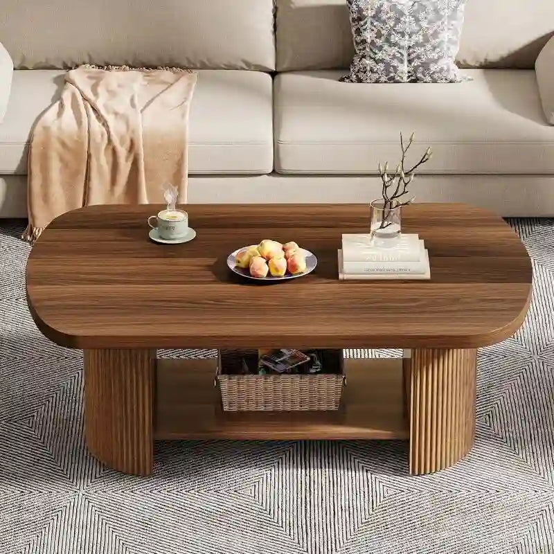 Table basse rustique en bois avec étagères de rangement