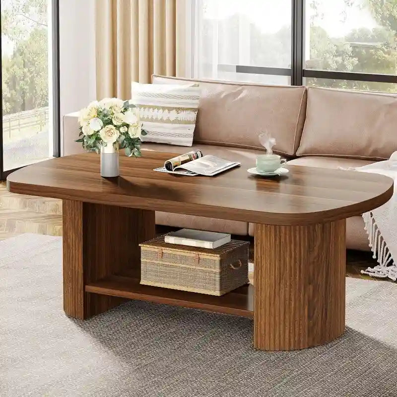 Table basse rustique en bois avec étagères de rangement