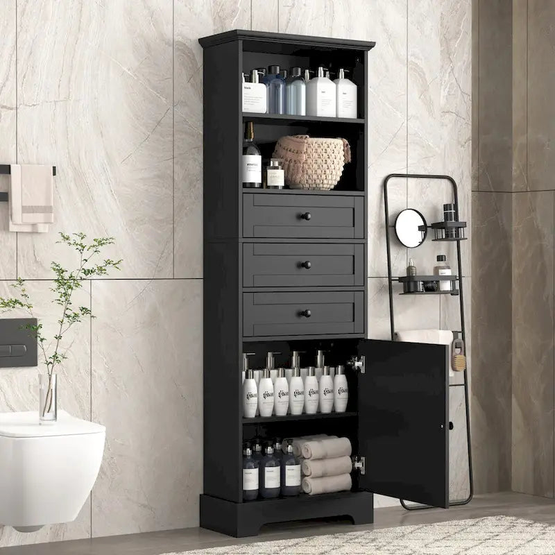 Meuble de rangement haut noir avec 3 tiroirs et étagères réglables pour salle de bain, bureau, étude et intérieur