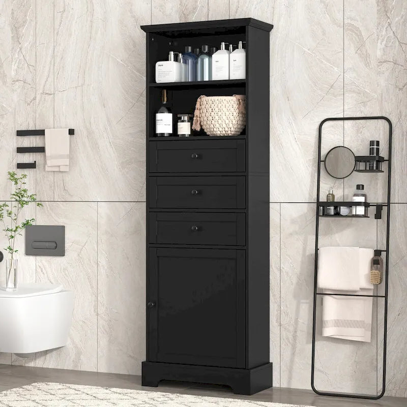 Meuble de rangement haut noir avec 3 tiroirs et étagères réglables pour salle de bain, bureau, étude et intérieur