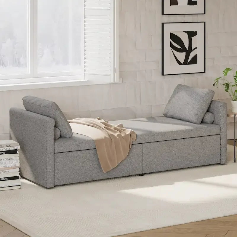 Bain de soleil moderne rembourré, lit de repos simple avec 2 tiroirs, matelas non inclus