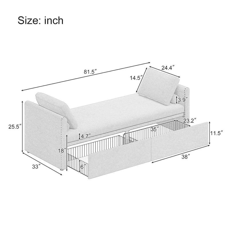 Bain de soleil moderne rembourré, lit de repos simple avec 2 tiroirs, matelas non inclus
