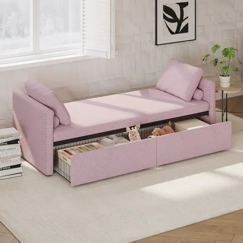 Bain de soleil moderne rembourré, lit de repos simple avec 2 tiroirs, matelas non inclus