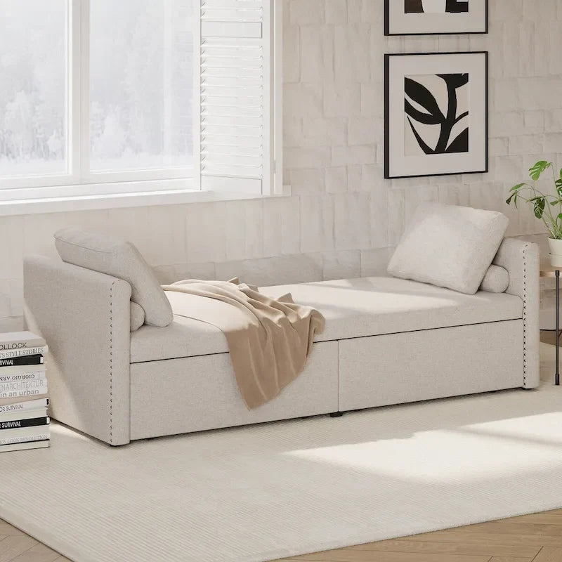 Bain de soleil moderne rembourré, lit de repos simple avec 2 tiroirs, matelas non inclus
