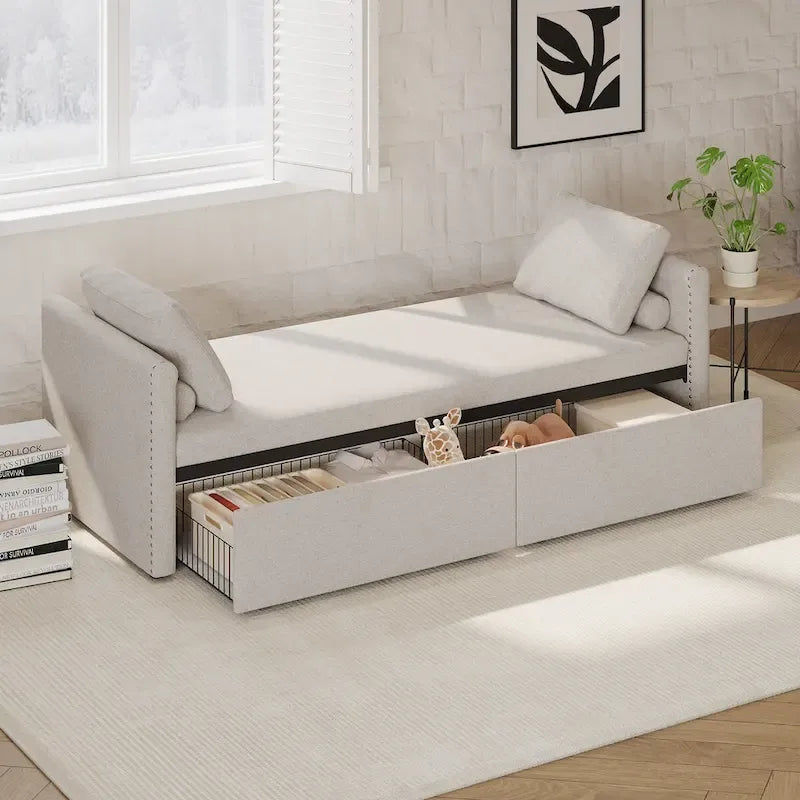 Bain de soleil moderne rembourré, lit de repos simple avec 2 tiroirs, matelas non inclus